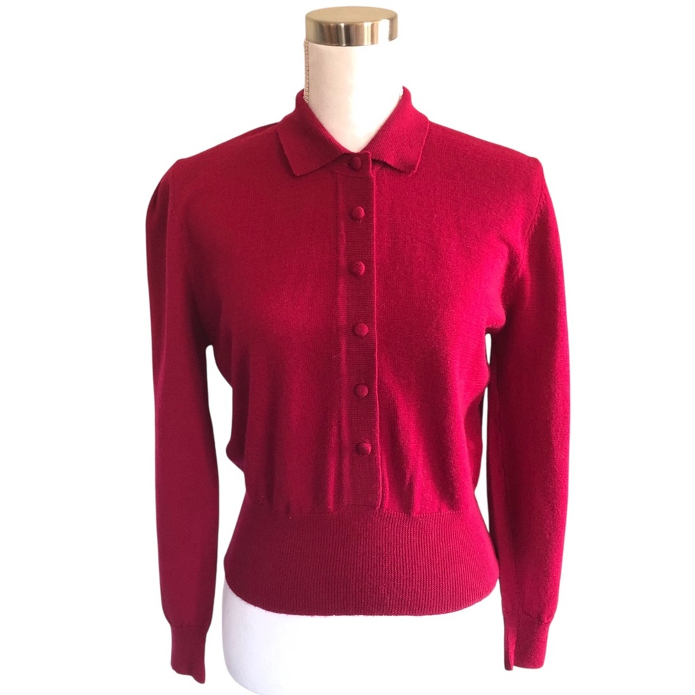VINTAGE 80s 90s Dana Brooke Petites Raspberry Collared Sweater Size Petite Med